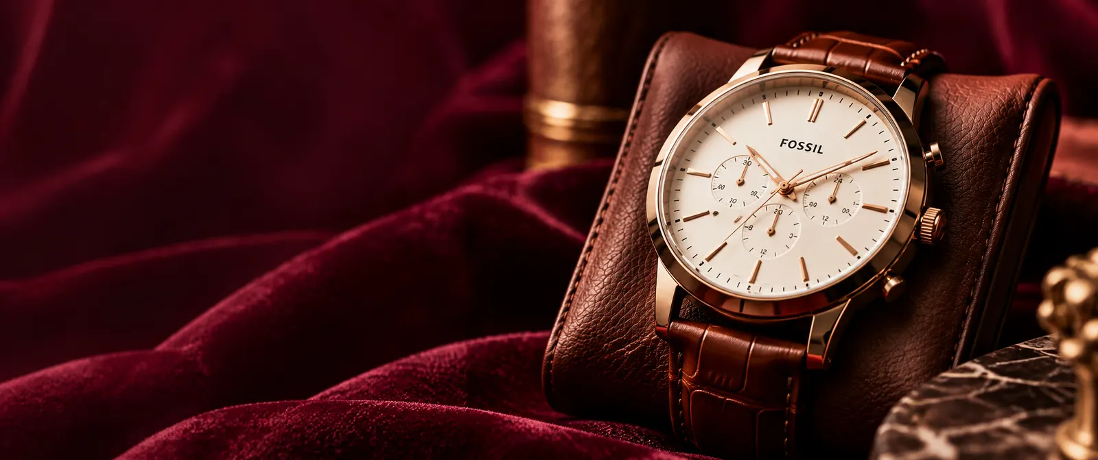 A rose-gold Fossil chronograph on a leather watch pillow