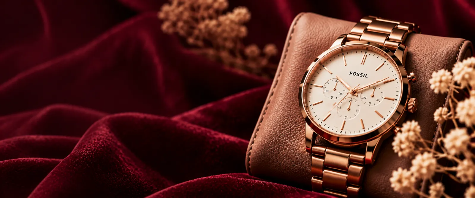A rose-gold bracelet watch on a leather pillow beside dried flowers