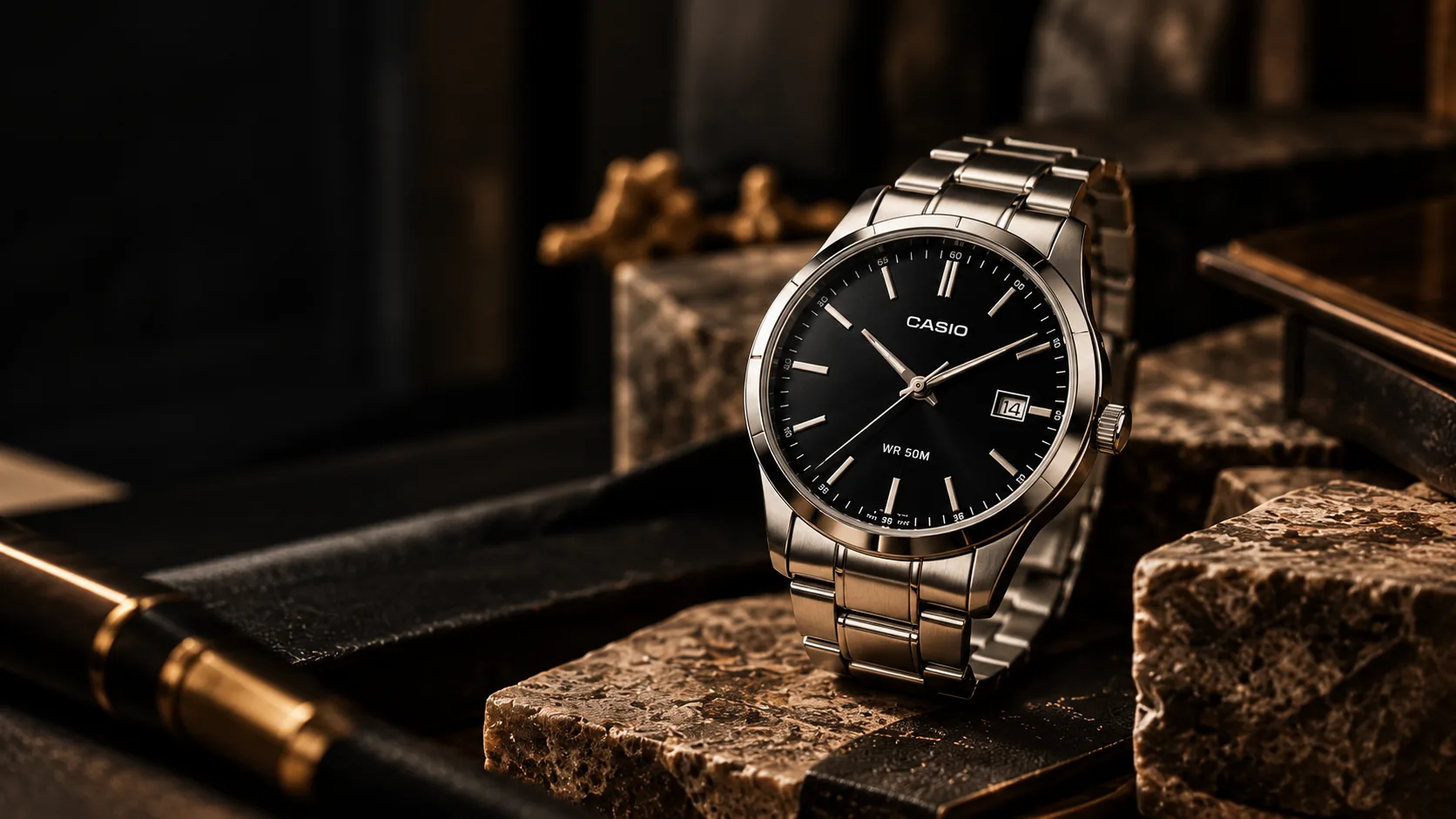 A Casio watch with a black dial resting on marble